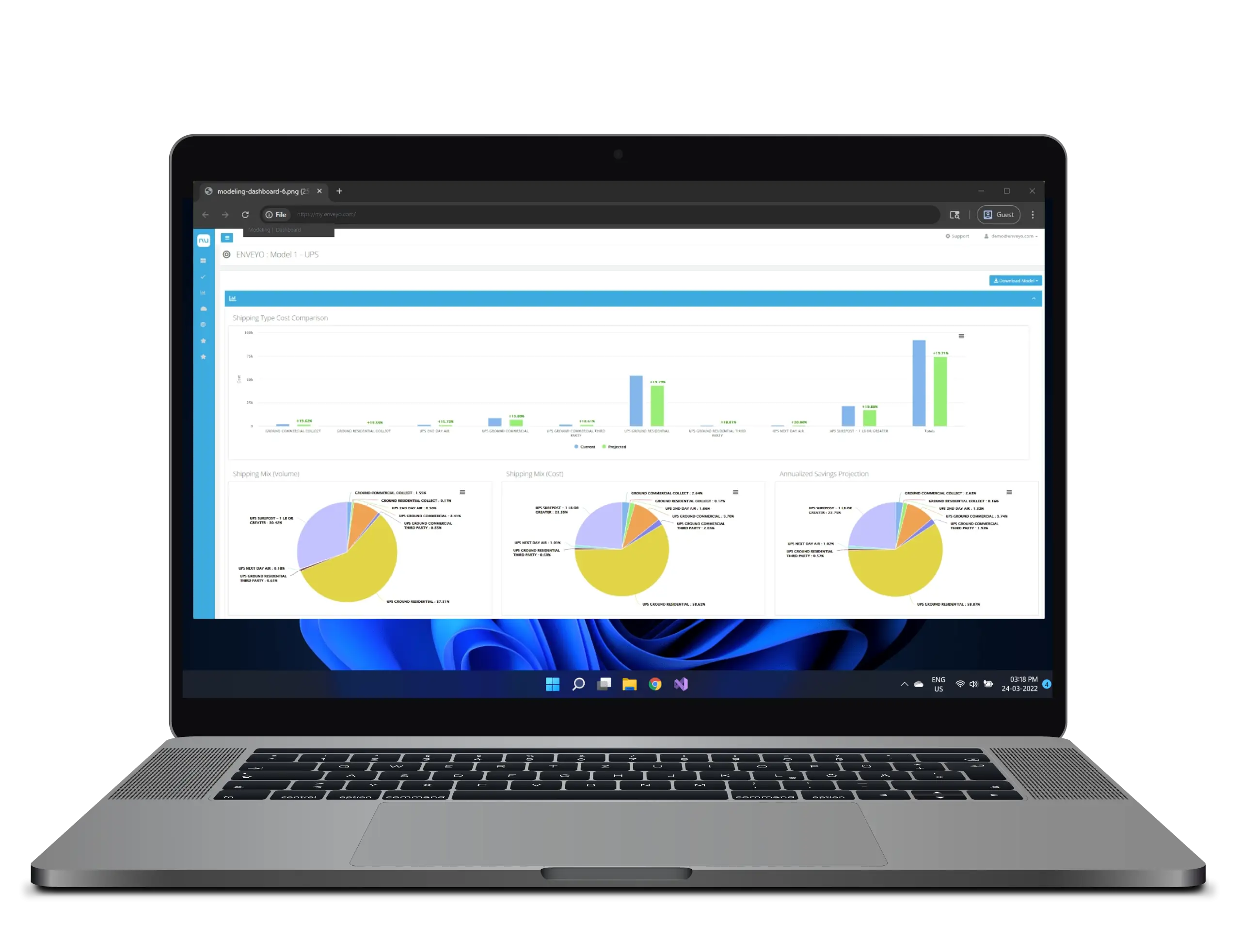 Laptop screen showing shipping analytics dashboard with charts and cost breakdowns